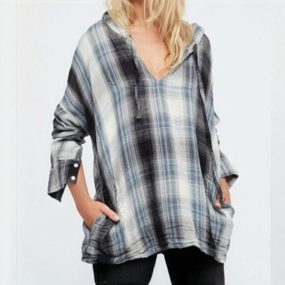 Free People CP Shades Plaid‎ Hooded Cotton Abbie Top M Oversized Boho Grunge USA
